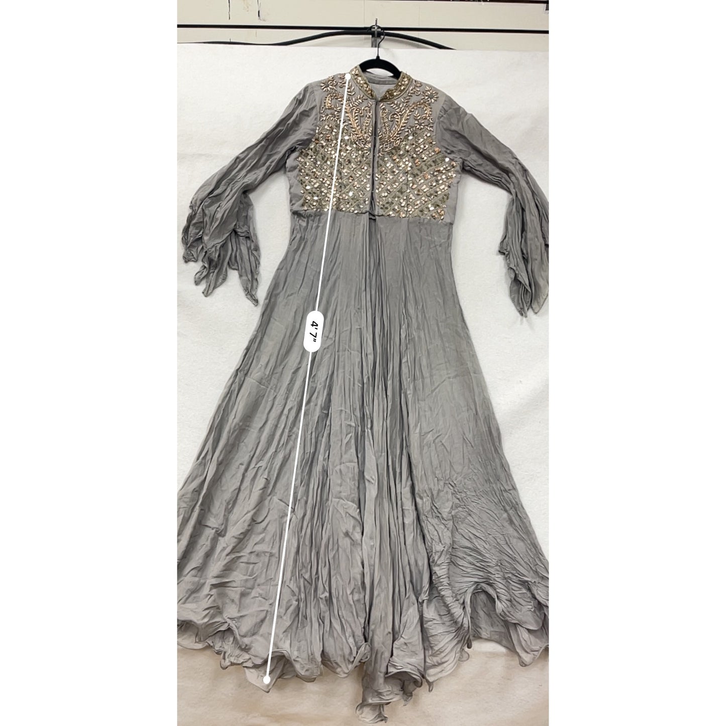 Embroidered Gray Long Anarkali Gown With Flowing Bell Sleeves & Sequins #82A