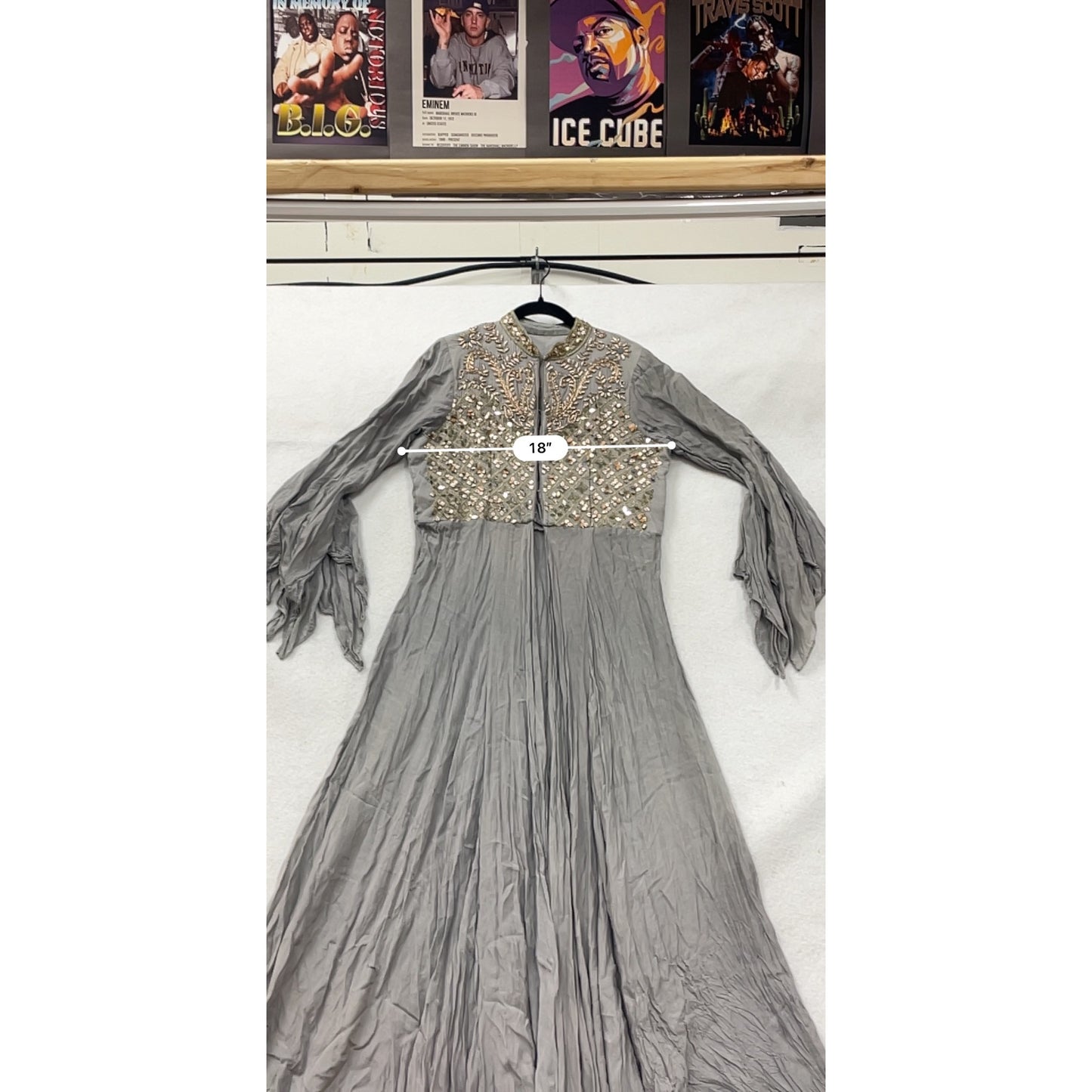 Embroidered Gray Long Anarkali Gown With Flowing Bell Sleeves & Sequins #82A