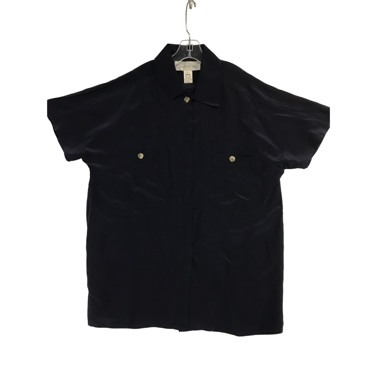 Jones New York Womens Navy Silk Short Sleeve Button-Up Blouse Size 6 Front Pockets Made In China #194