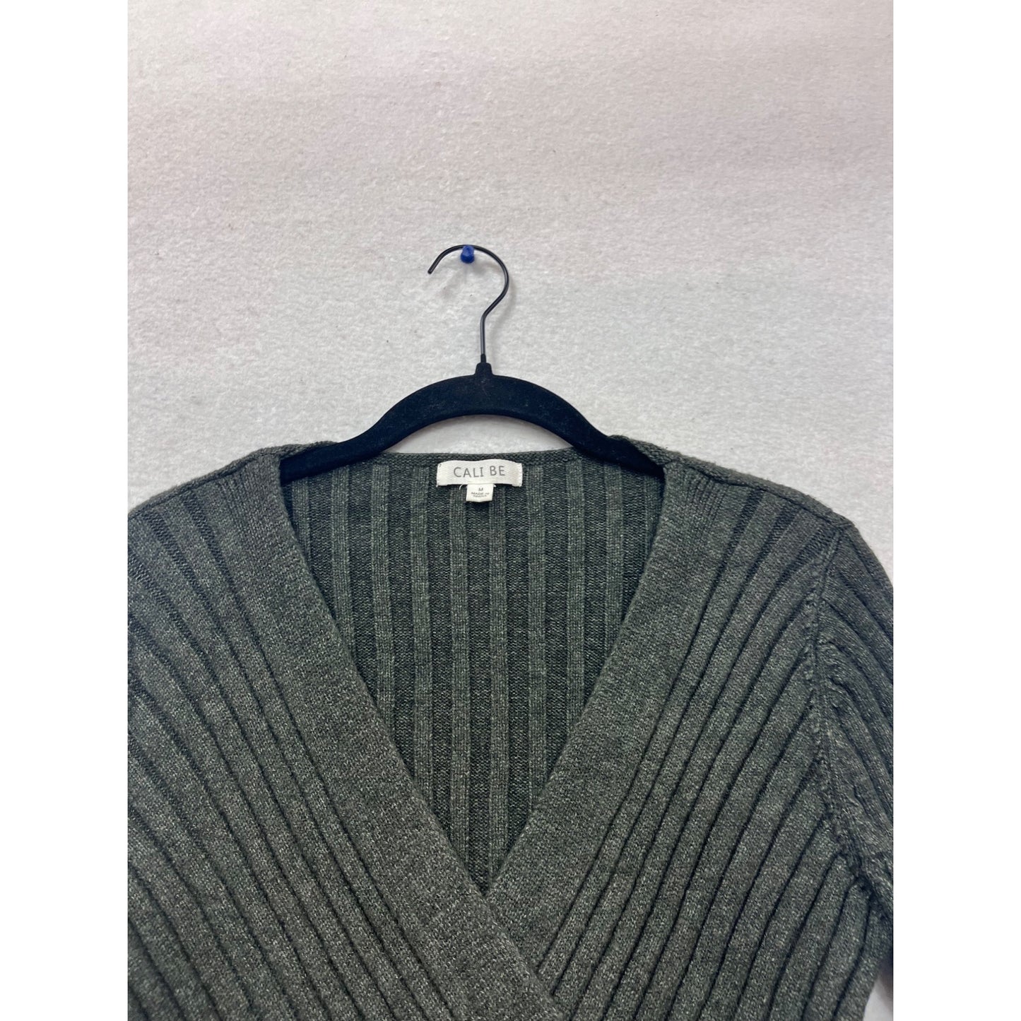 Cali Be Ribbed Grey V-Neck Wrap Sweater M #865A