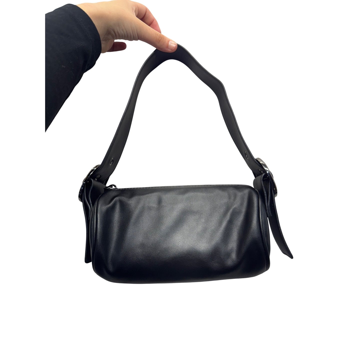 Black Faux Leather Shoulder Bag With Adjustable Strap #9908