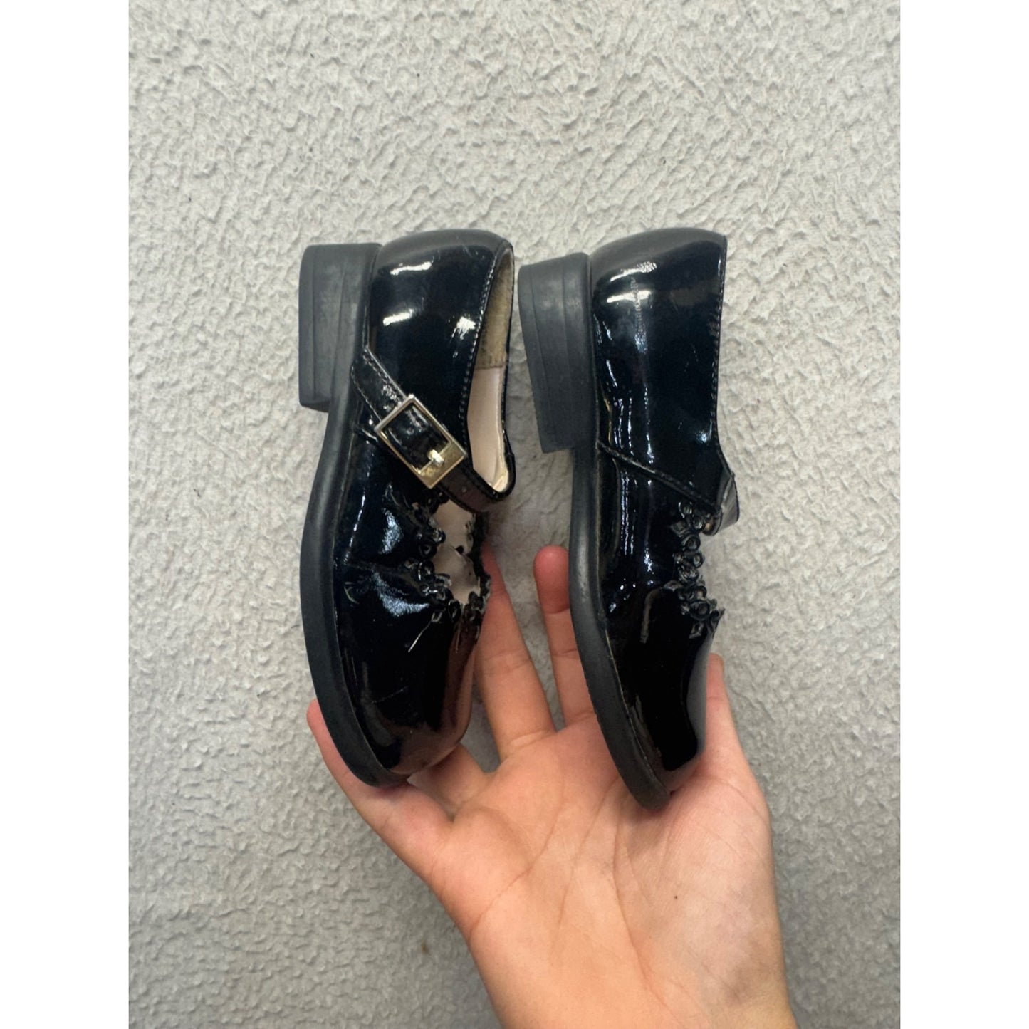 Black Patent Leather Mary Jane Shoes With Floral Detail & Adjustable Strap #9814