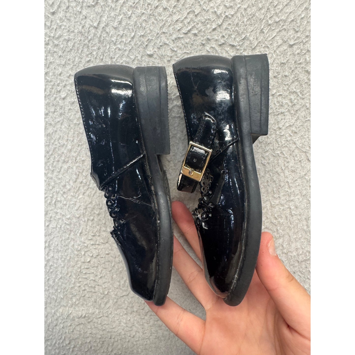 Black Patent Leather Mary Jane Shoes With Floral Detail & Adjustable Strap #9814