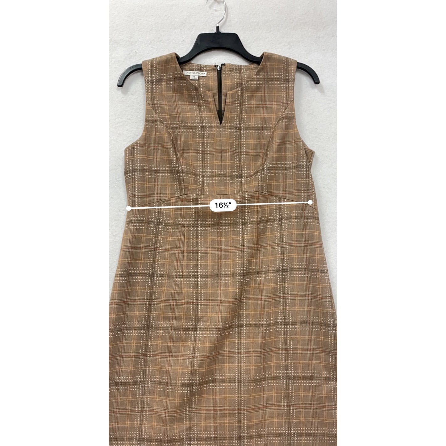Pendleton Wool Plaid Sheath Dress Size 12 Brown Sleeveless Made In USA #8334