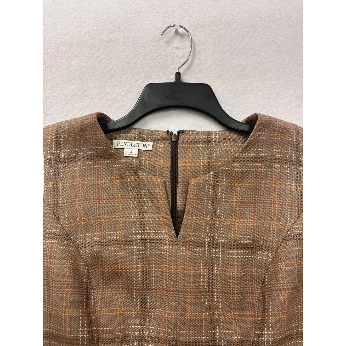 Pendleton Wool Plaid Sheath Dress Size 12 Brown Sleeveless Made In USA #8334