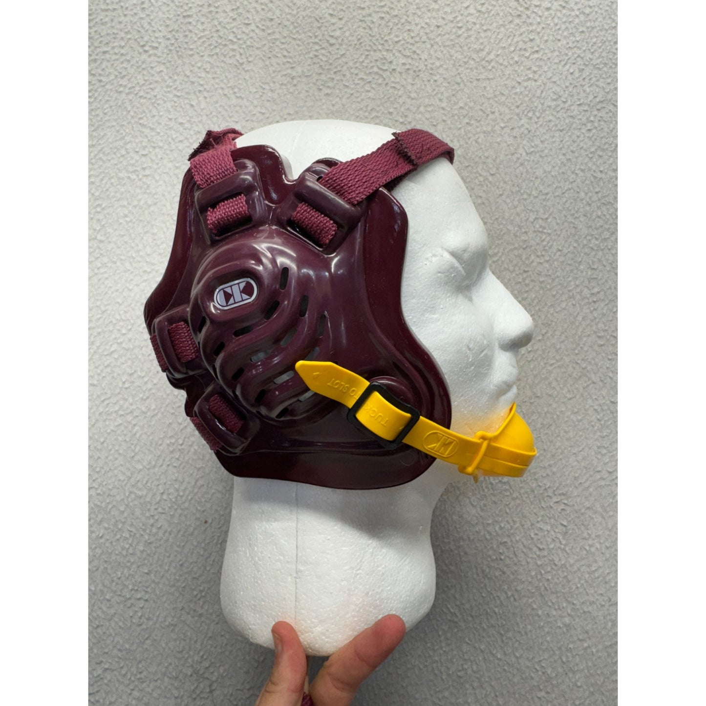 Wrestling Headgear With Chin Cup Adjustable Straps Maroon/Yellow Durable #9954