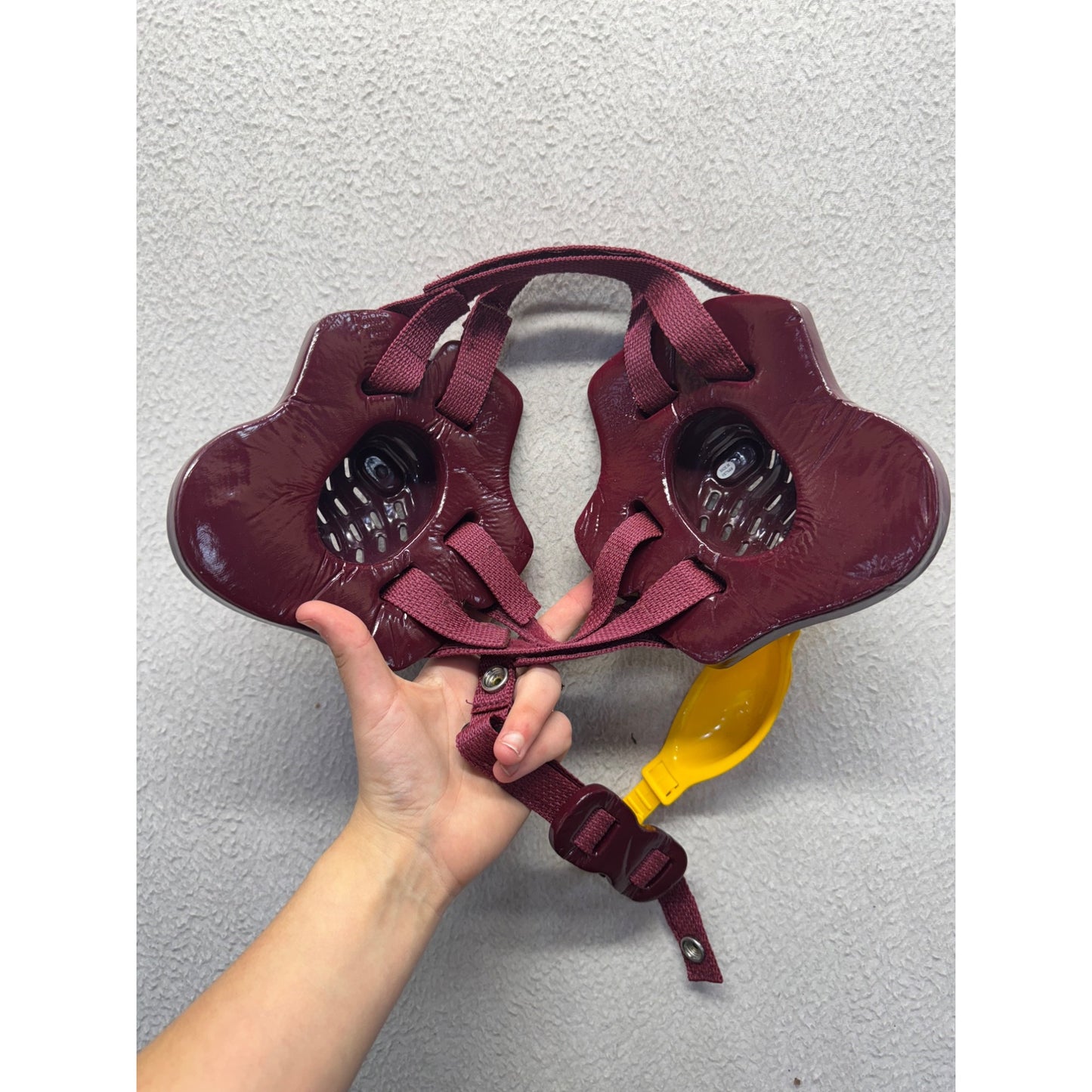 Wrestling Headgear With Chin Cup Adjustable Straps Maroon/Yellow Durable #9954