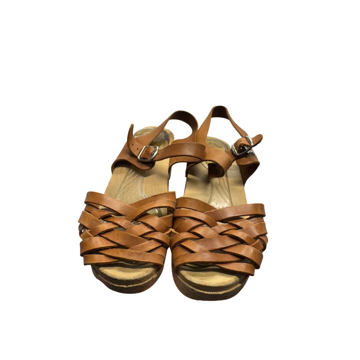 Brown Leather Wooden Sole Sandals With Adjustable Straps Size 37 #9370