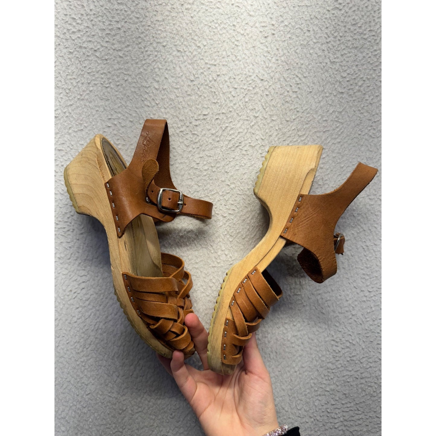 Brown Leather Wooden Sole Sandals With Adjustable Straps Size 37 #9370