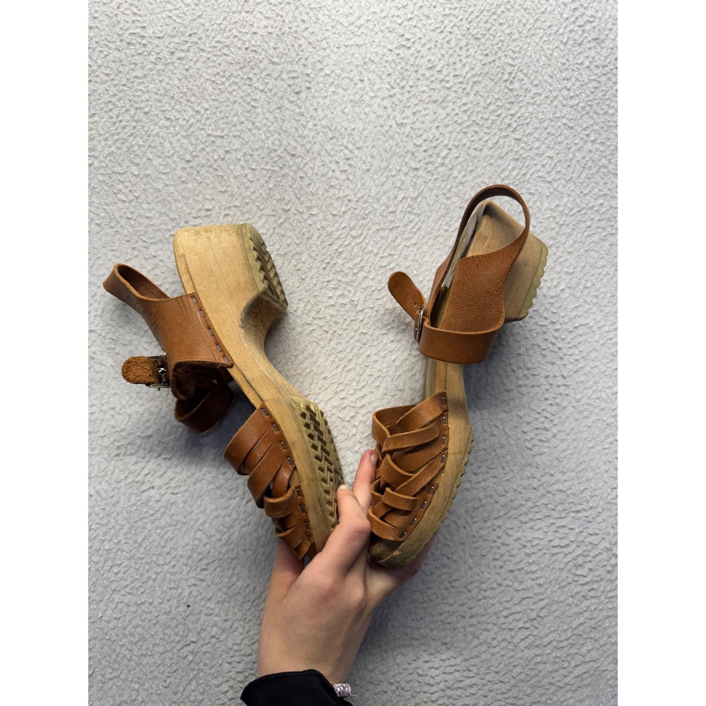 Brown Leather Wooden Sole Sandals With Adjustable Straps Size 37 #9370