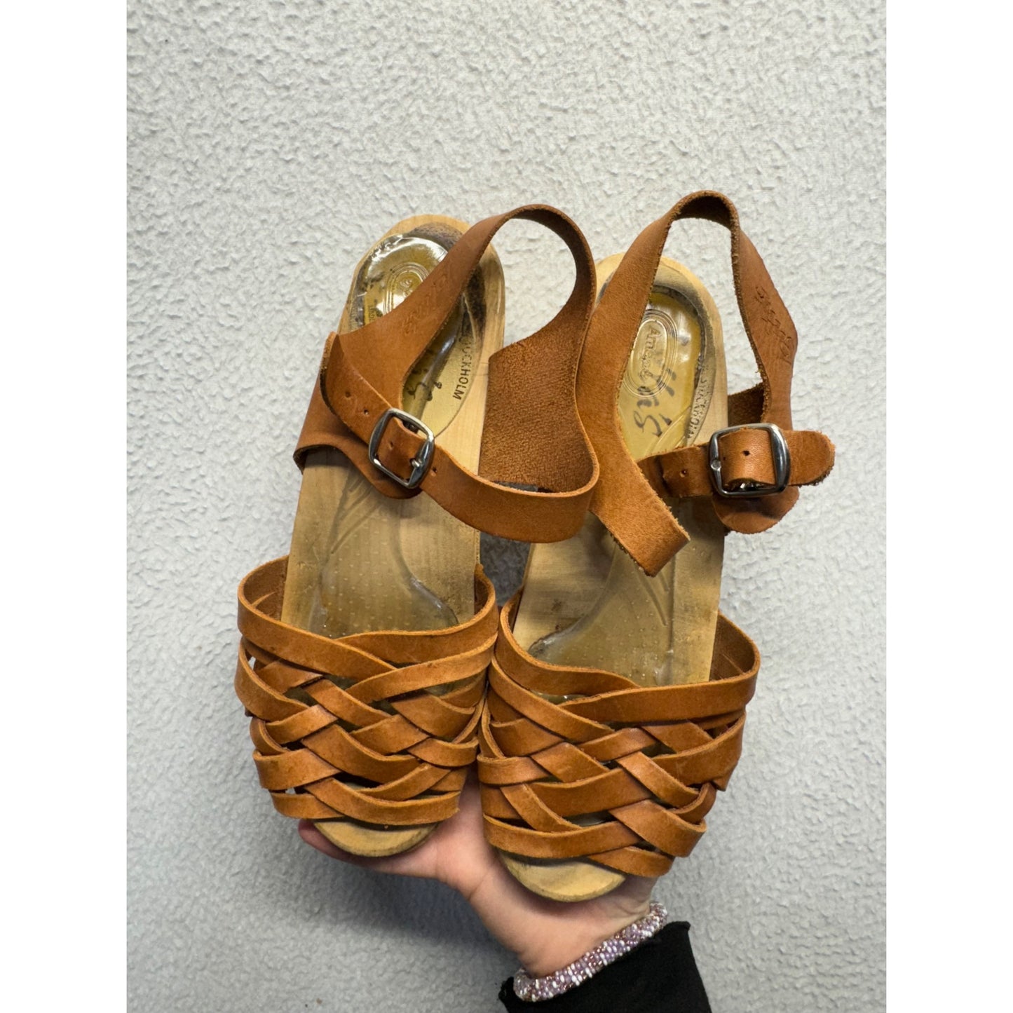 Brown Leather Wooden Sole Sandals With Adjustable Straps Size 37 #9370