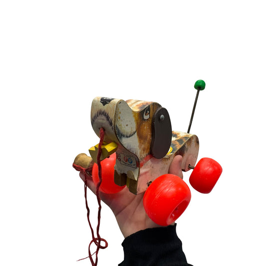 Vintage Fisher-Price Pull Toy Dog 693 With Red Wheels & String #407B