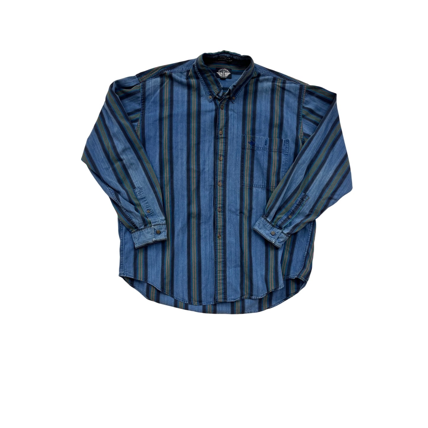 Dockers Mens XL Long Sleeve Striped Button-Up Denim Shirt Blue Green #8806