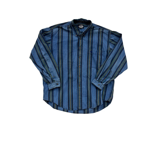 Dockers Mens XL Long Sleeve Striped Button-Up Denim Shirt Blue Green #8806
