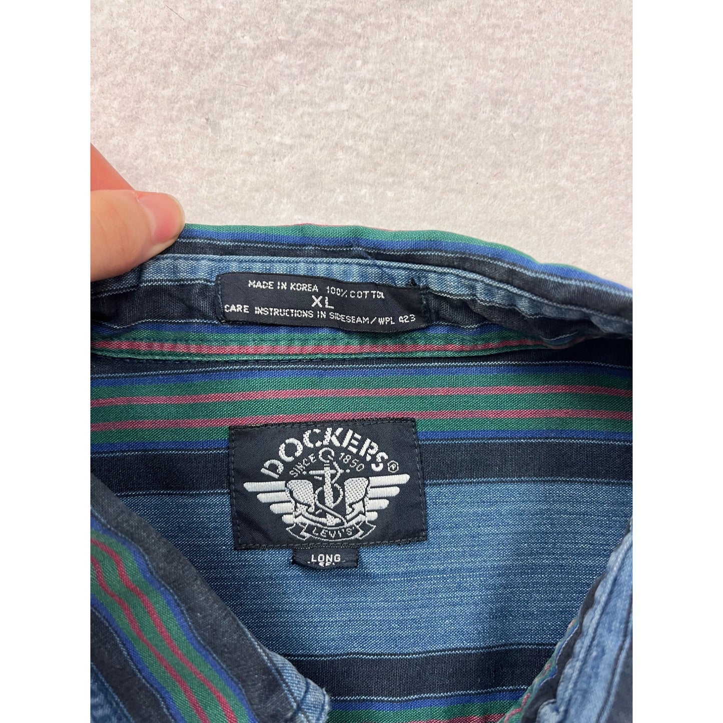 Dockers Mens XL Long Sleeve Striped Button-Up Denim Shirt Blue Green #8806