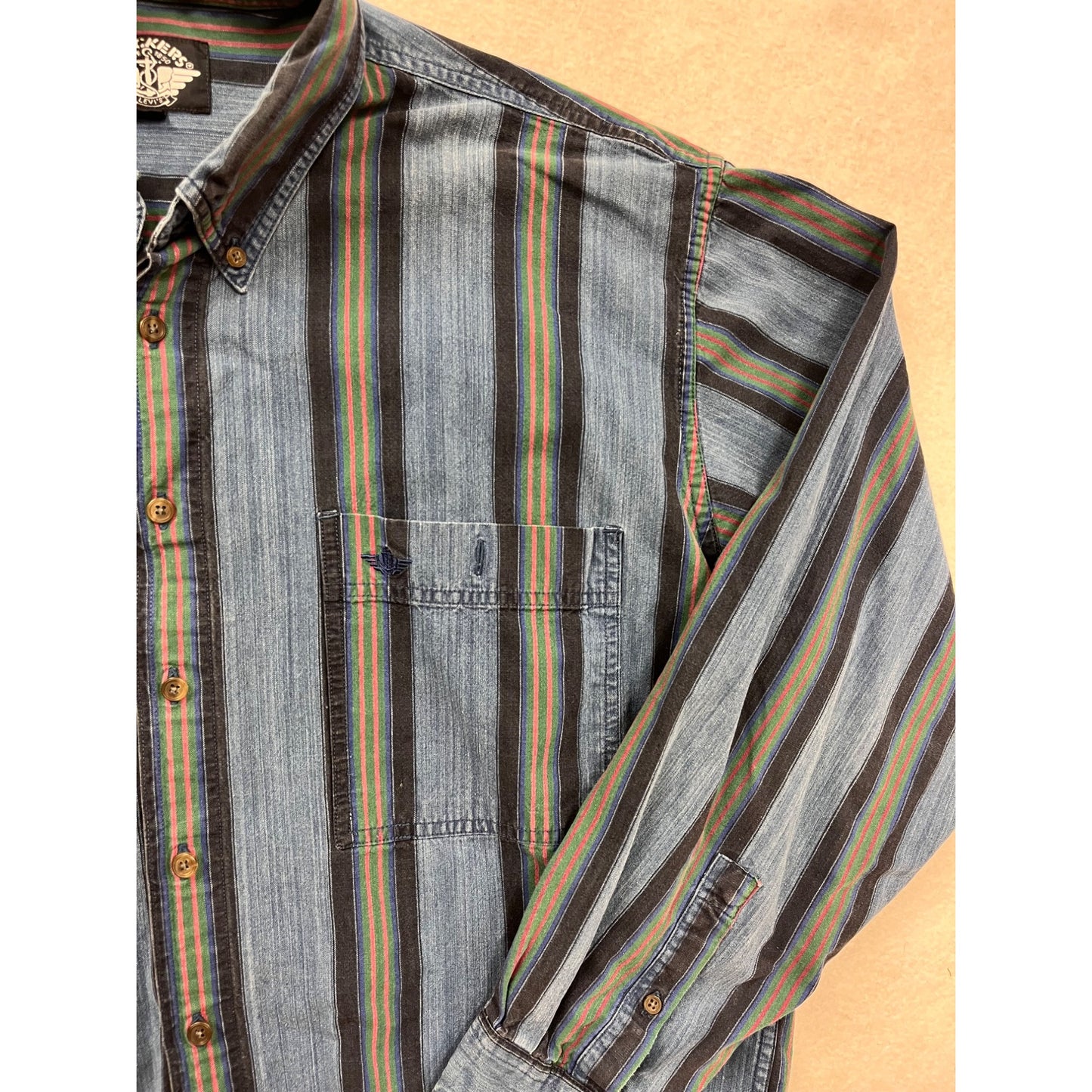 Dockers Mens XL Long Sleeve Striped Button-Up Denim Shirt Blue Green #8806