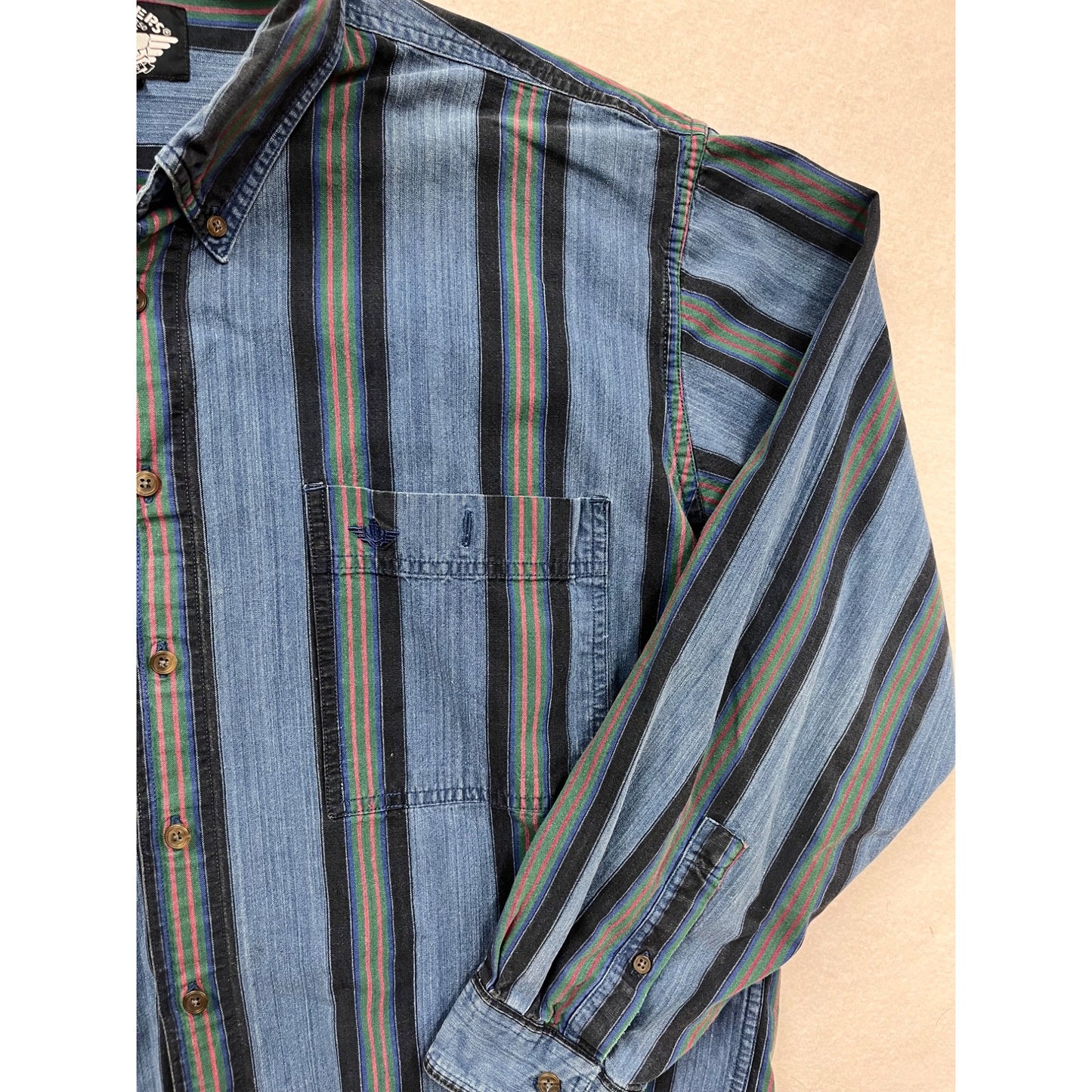 Dockers Mens XL Long Sleeve Striped Button-Up Denim Shirt Blue Green #8806