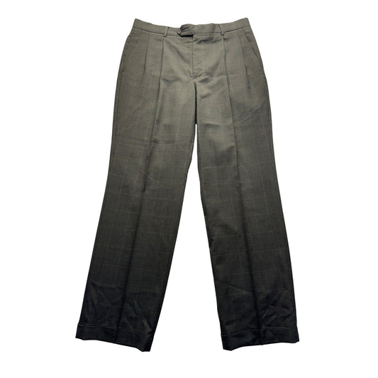 Stafford Mens 100% Worsted Wool Pleated Dress Pants 34x32 Gray Plaid #7948