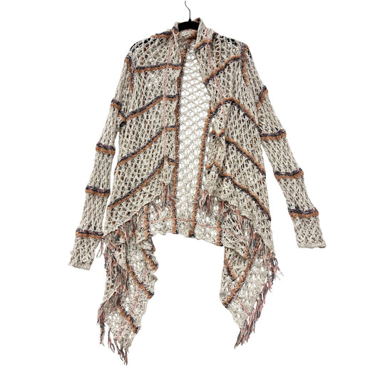 Womens Open Knit Fringe Cardigan By BKE Small Beige Striped Lightweight Sweater #18A