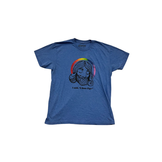 Jesus Graphic T-Shirt Blue With "I Hate Figs" Text L #112A
