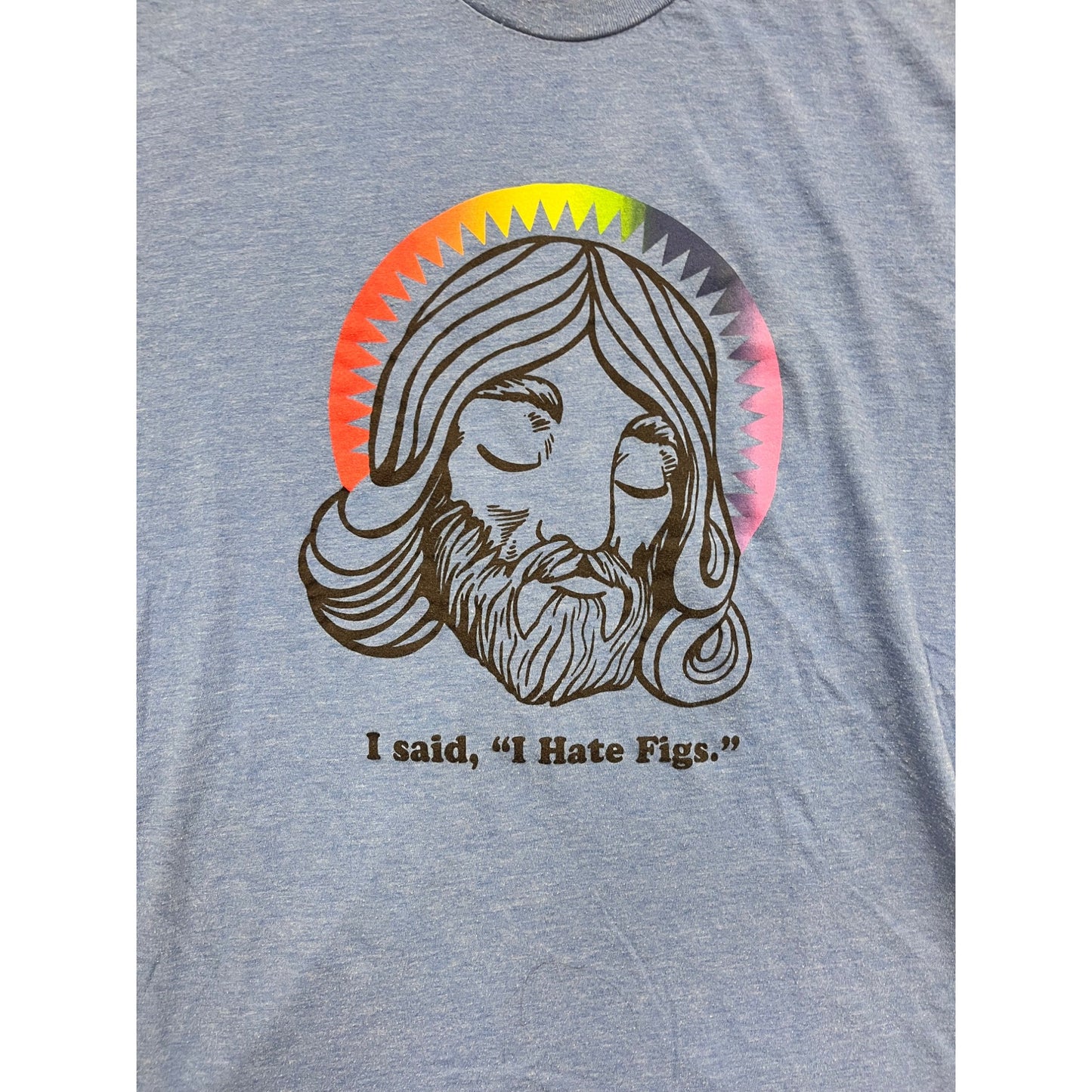 Jesus Graphic T-Shirt Blue With "I Hate Figs" Text L #112A