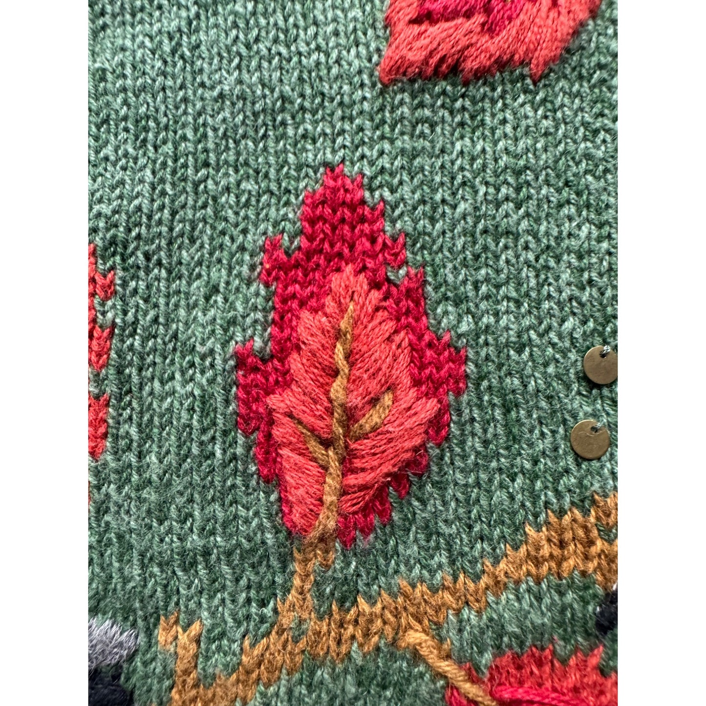 Timberlees Embroidered Botanical Bird Knit Sweater Green Ramie Cotton M #9589