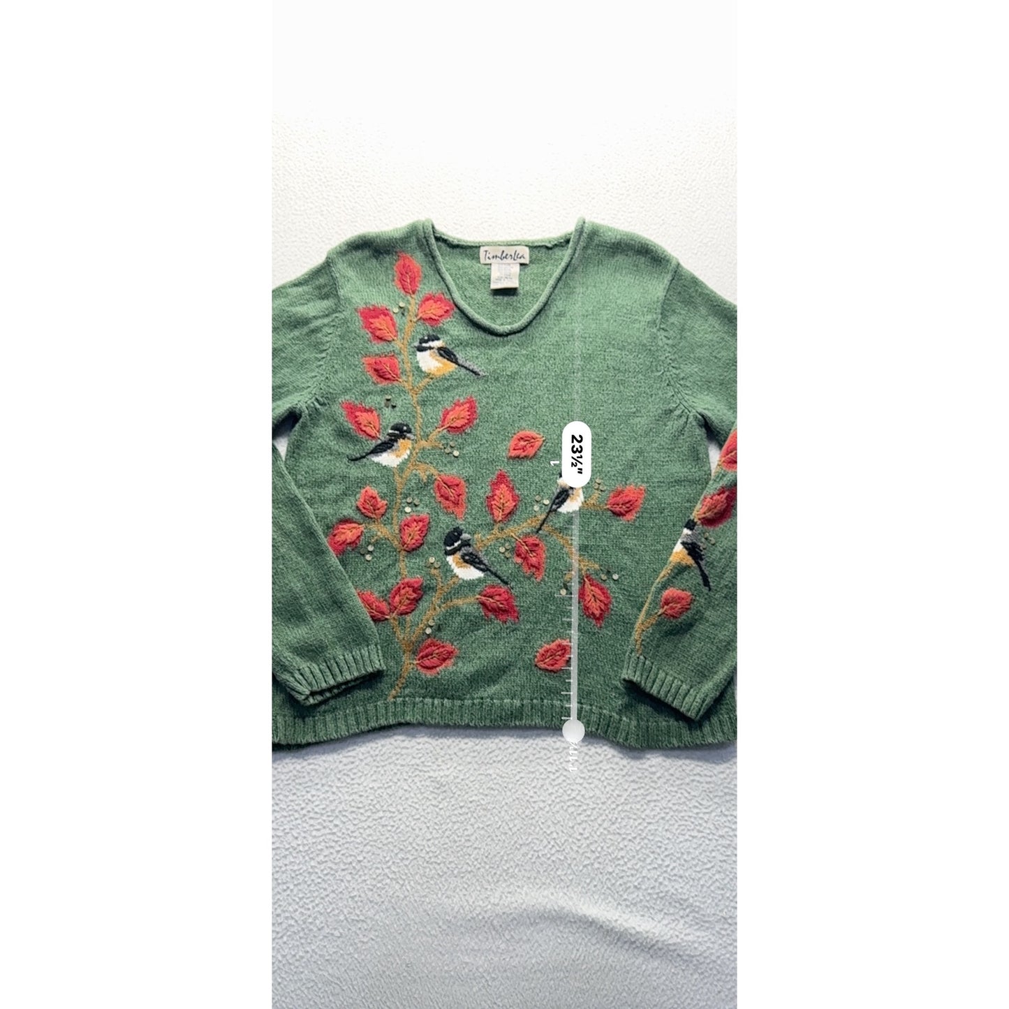 Timberlees Embroidered Botanical Bird Knit Sweater Green Ramie Cotton M #9589