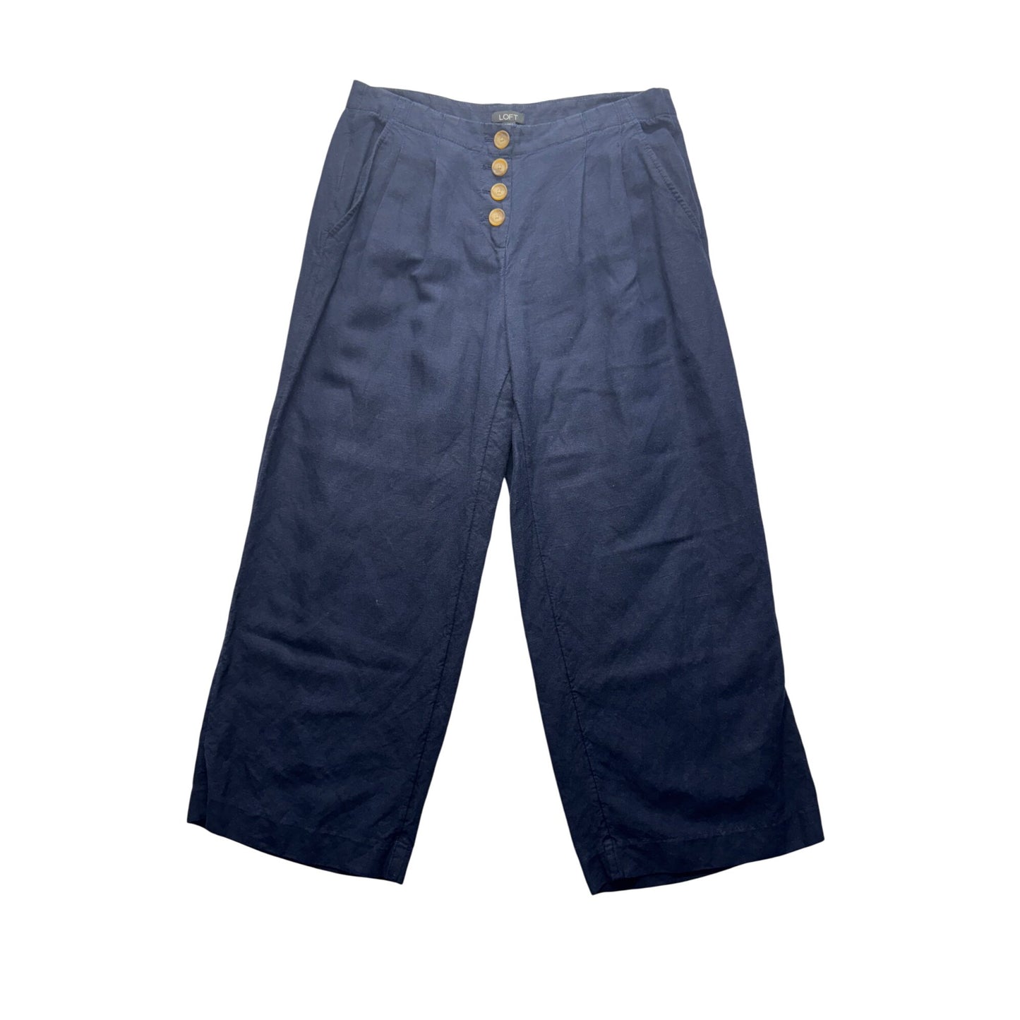 Navy Wide-Leg Pants With Button Fly By Loft Size S 22" Inseam Linen Blend #9279