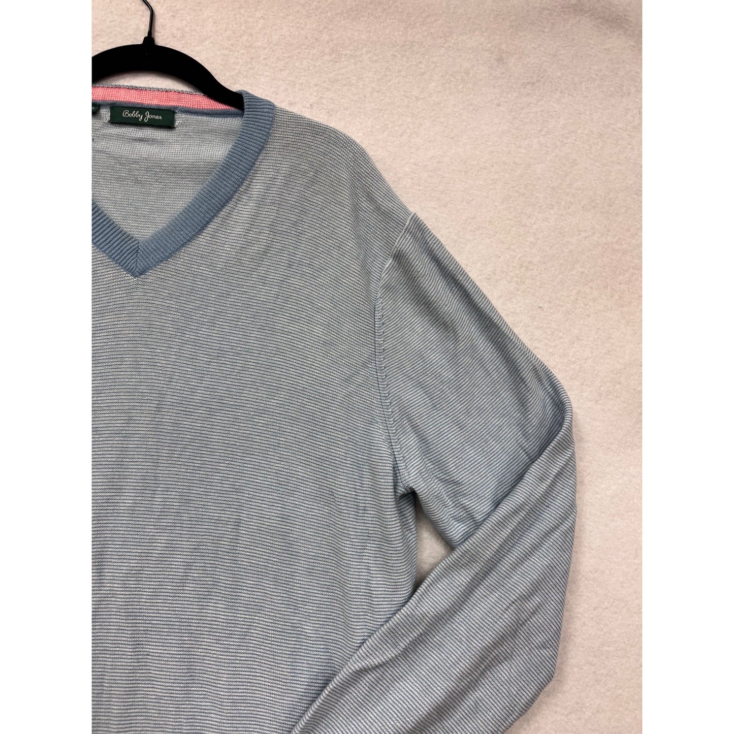 Bobby Jones Medium Light Blue Striped V-Neck Sweater #8692