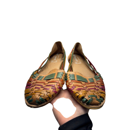 Vintage Multicolor Leather Huarache Flats Handmade In Mexico Slip-On Shoes #9404
