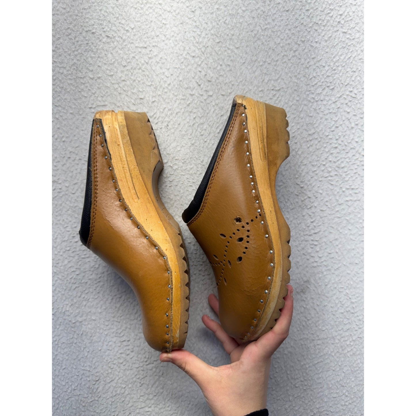 Troentorps Tan Leather Swedish Clogs Size 38 With Black Trim 9440