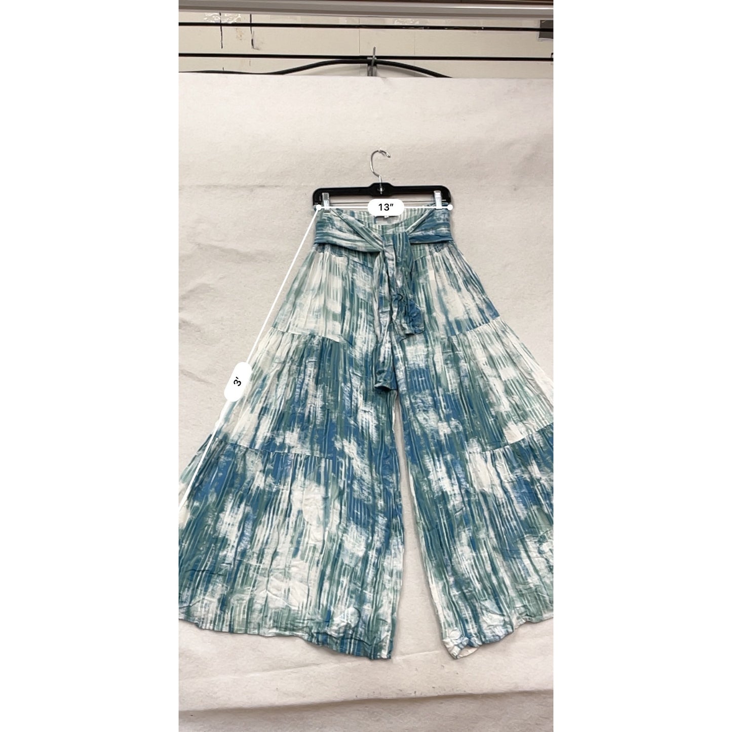 Oliveaceous Tie-Dye Wide-Leg Rayon Pants With Waist Sash Size L #140A