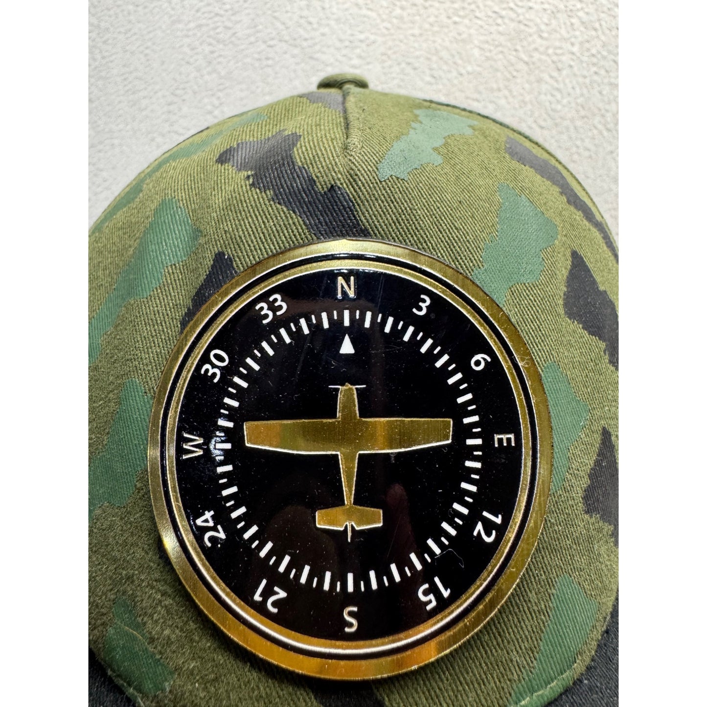 Camo Snapback Hat With Airplane Compass Design & Adjustable Strap #9788