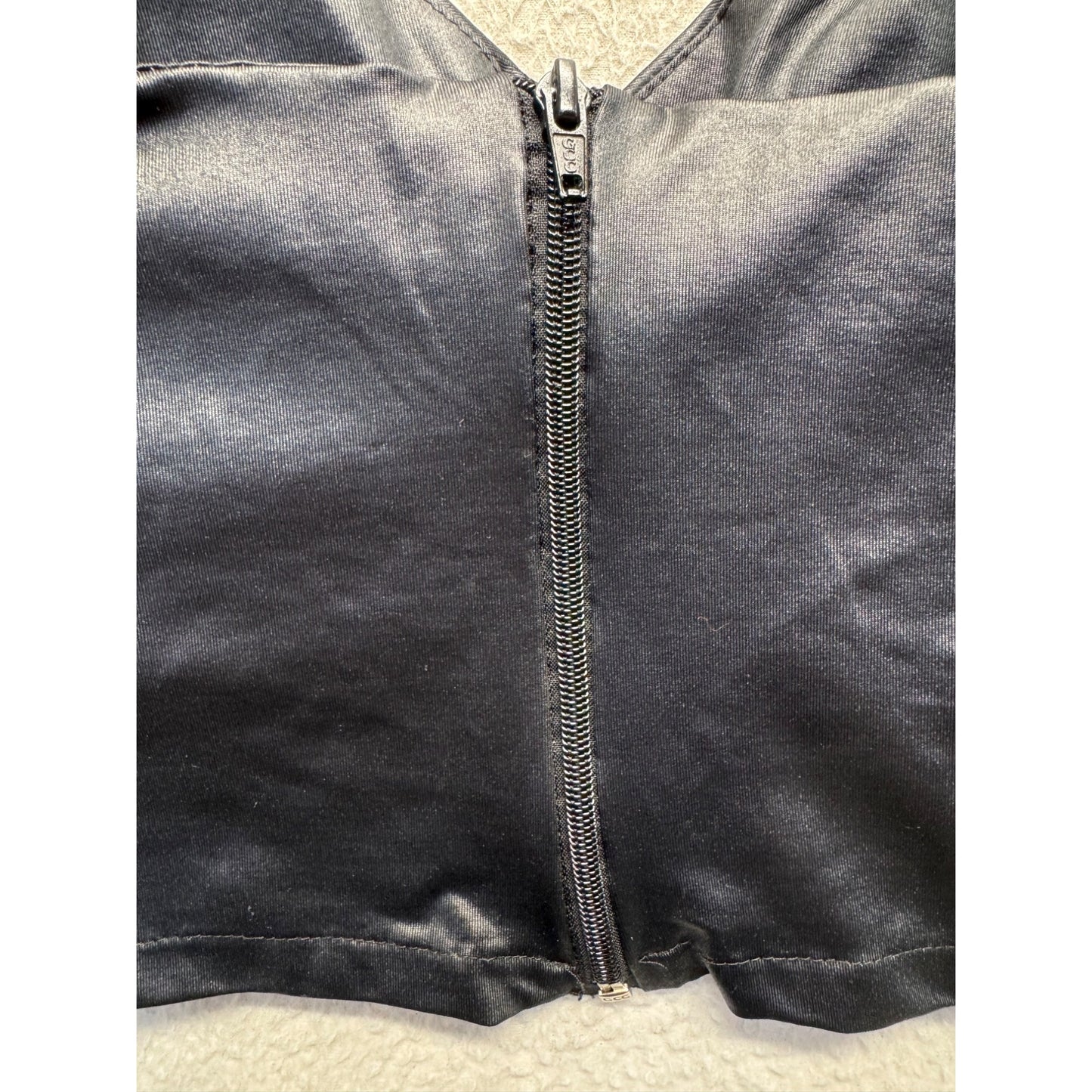 Black Satin Cropped Tank Top With Adjustable Straps & Back Zipper Closure #9988