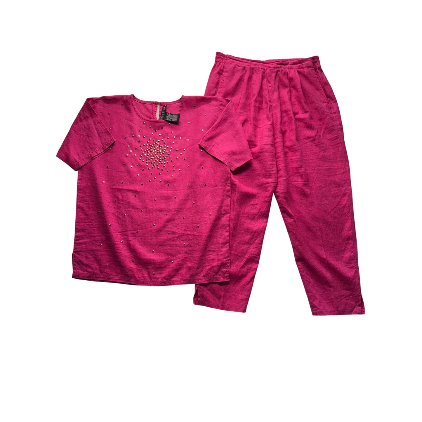 Bright Pink Studded Short Sleeve Lounge Set With Elastic Waist #56B