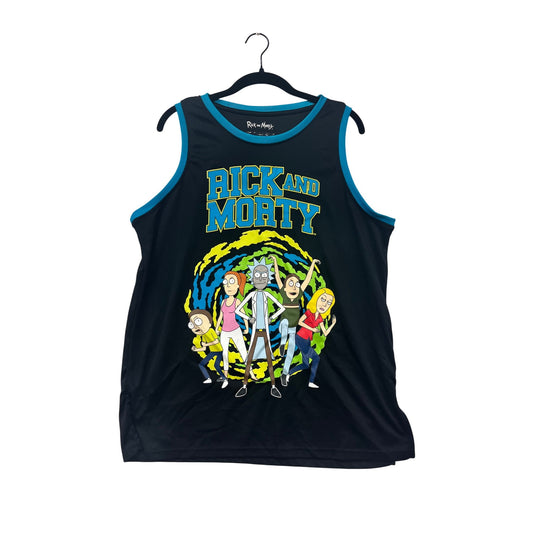 Rick & Morty Mens Medium Black Tank Top With Colorful Characters & C-137 Design Blue Trim #6762