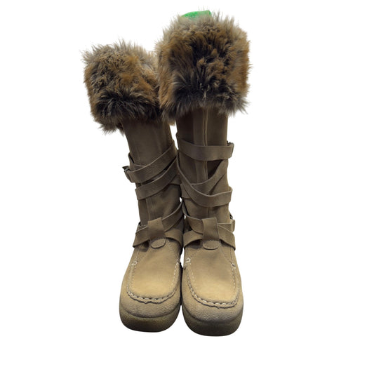 Report Tan Faux Fur-Trimmed Knee-High Wedge Boots #136B