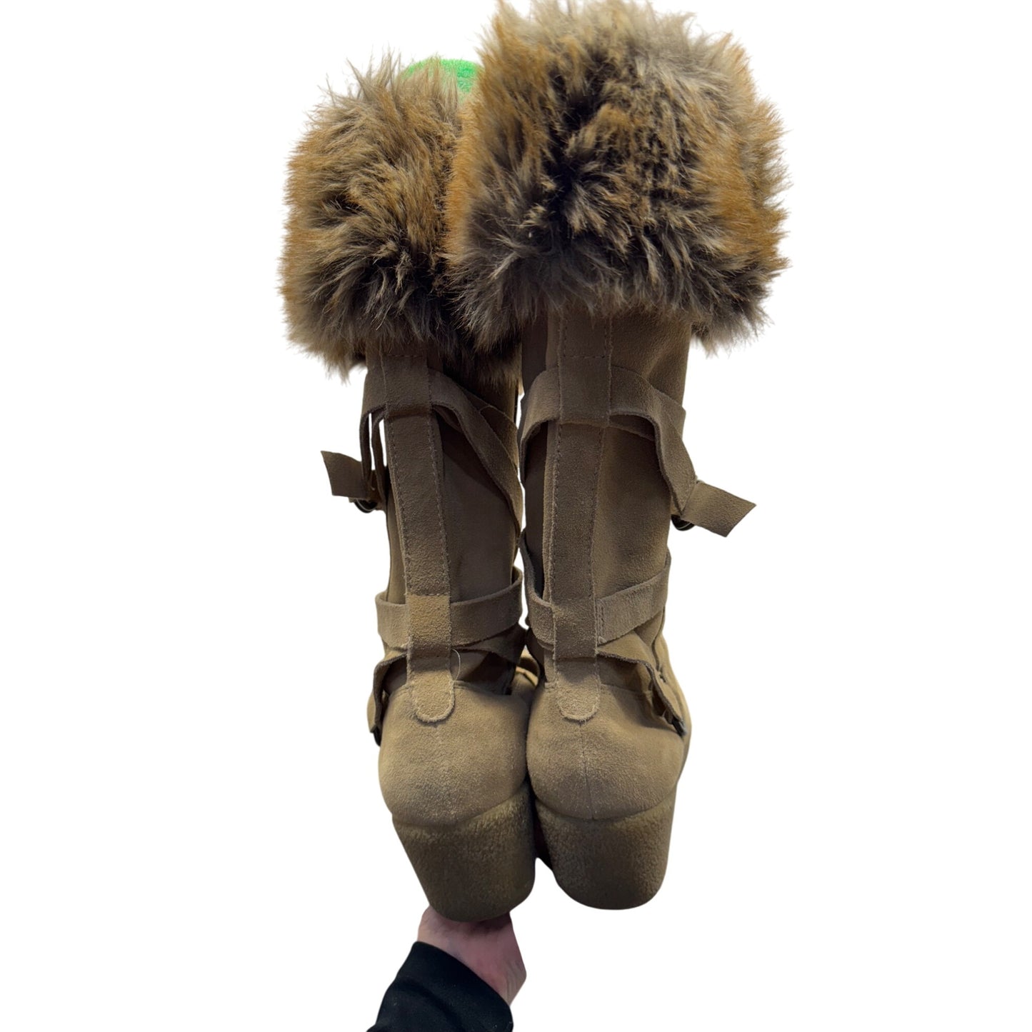 Report Tan Faux Fur-Trimmed Knee-High Wedge Boots #136B