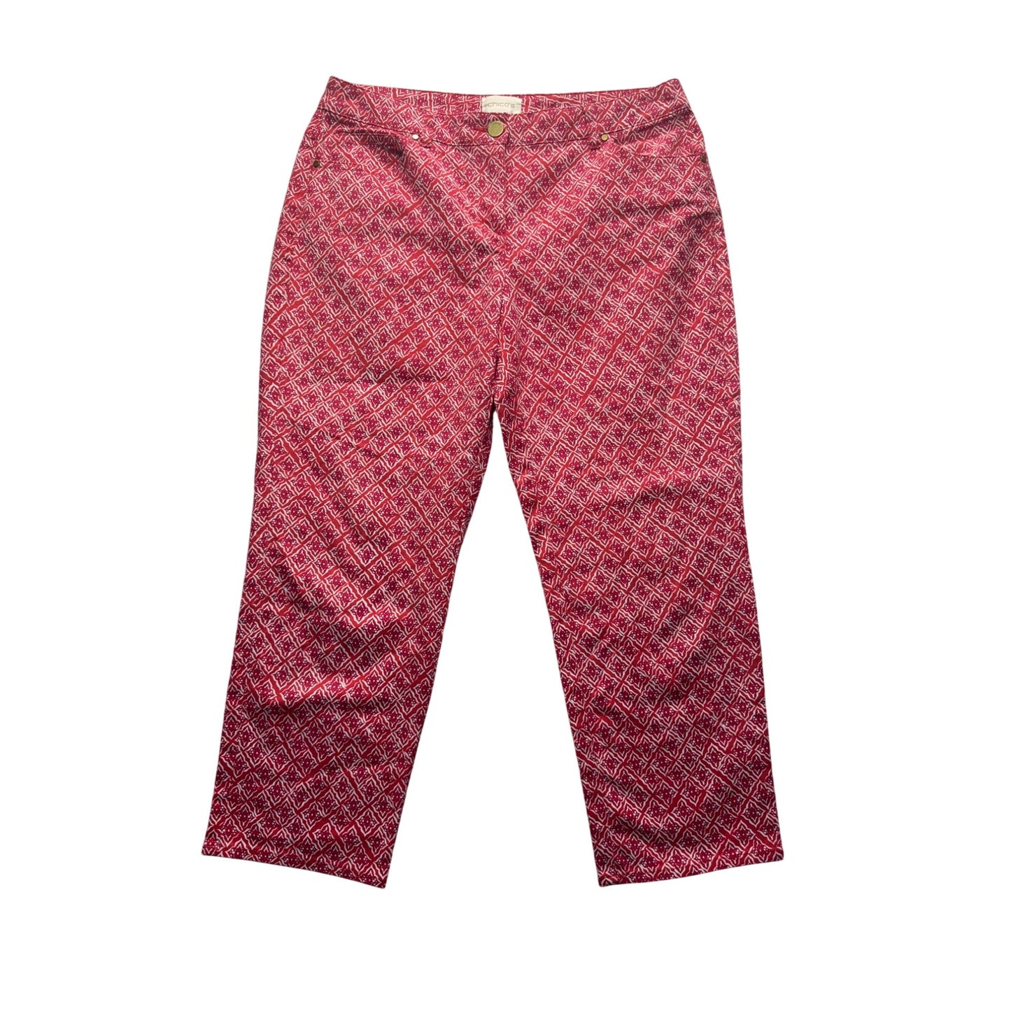 Chicos Red Geometric Print Cotton-Blend Cropped Pants Size 0 Inseam 33 In #9251
