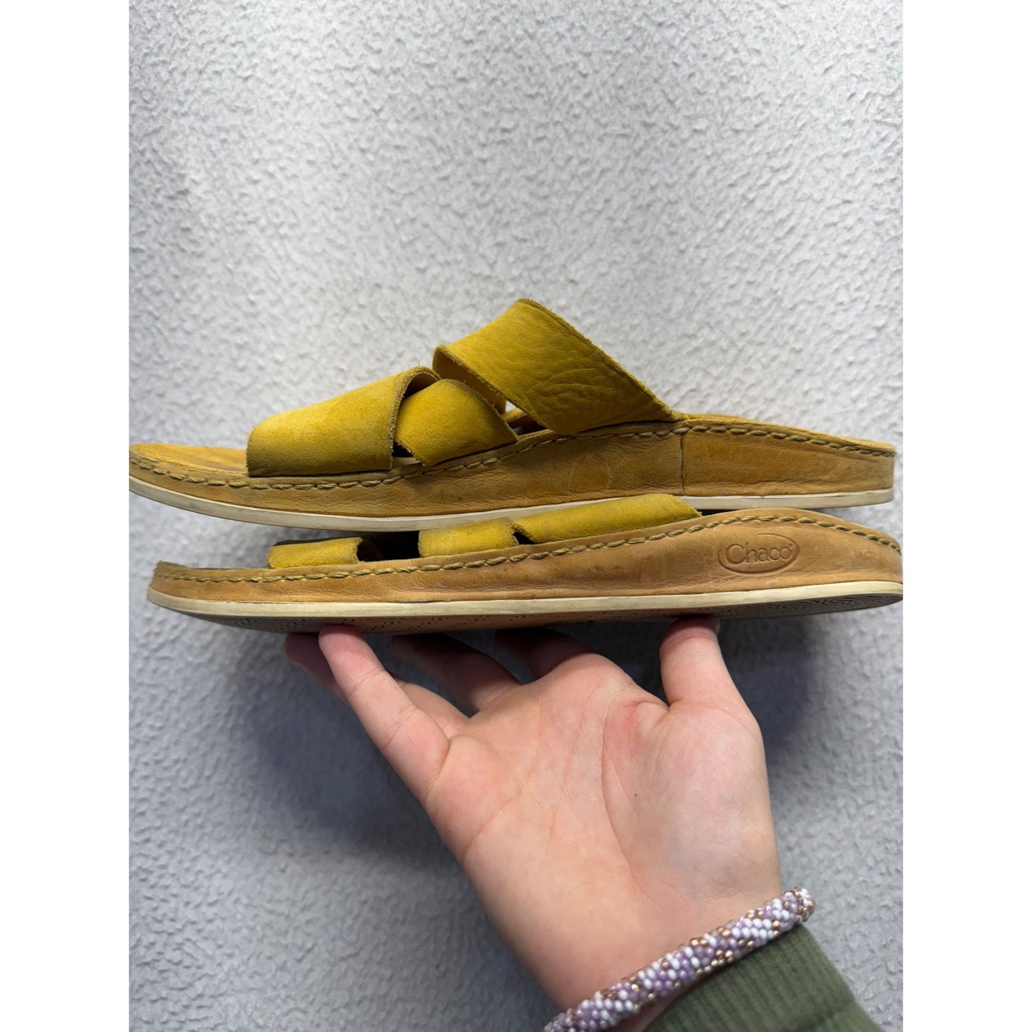 Chaco Yellow Leather Slide Sandals With Crisscross Straps #9297