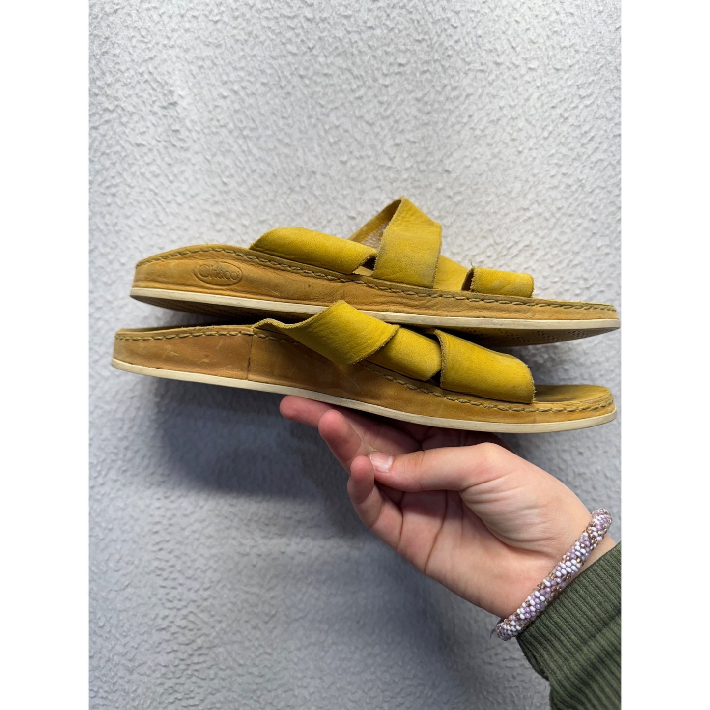 Chaco Yellow Leather Slide Sandals With Crisscross Straps #9297
