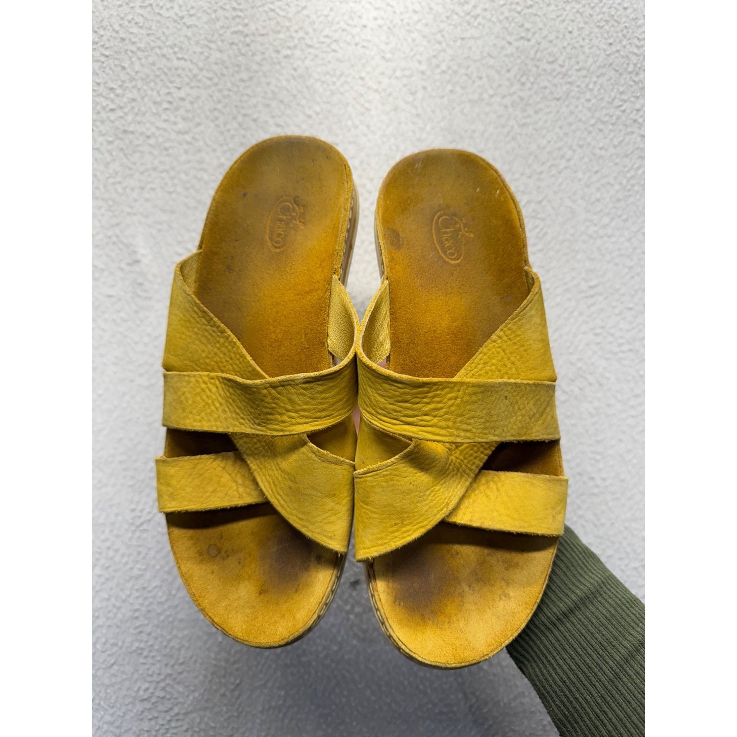 Chaco Yellow Leather Slide Sandals With Crisscross Straps #9297