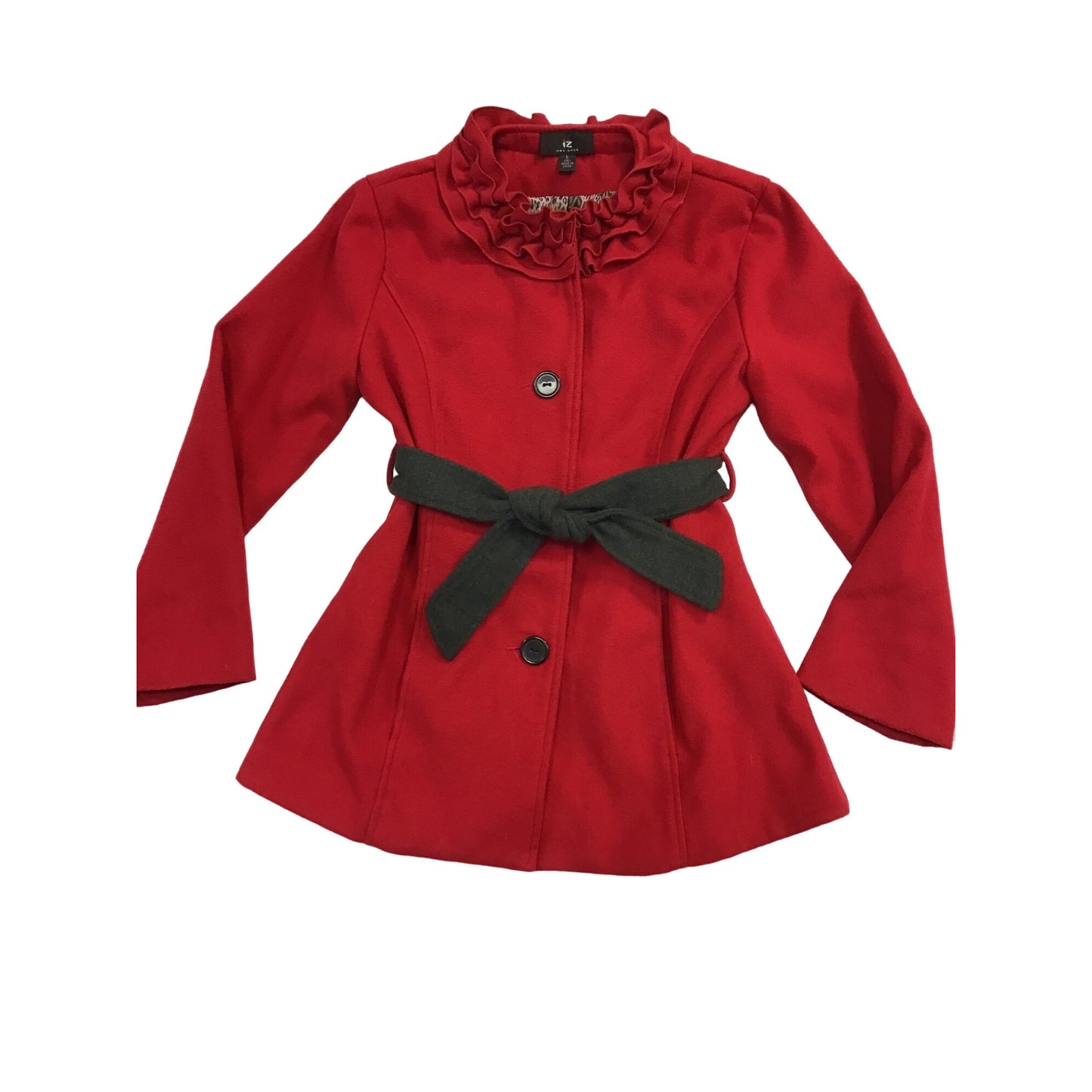 Red Ruffle Collar Belted Coat With Leopard Print Lining Womens L By Amy Byer #198