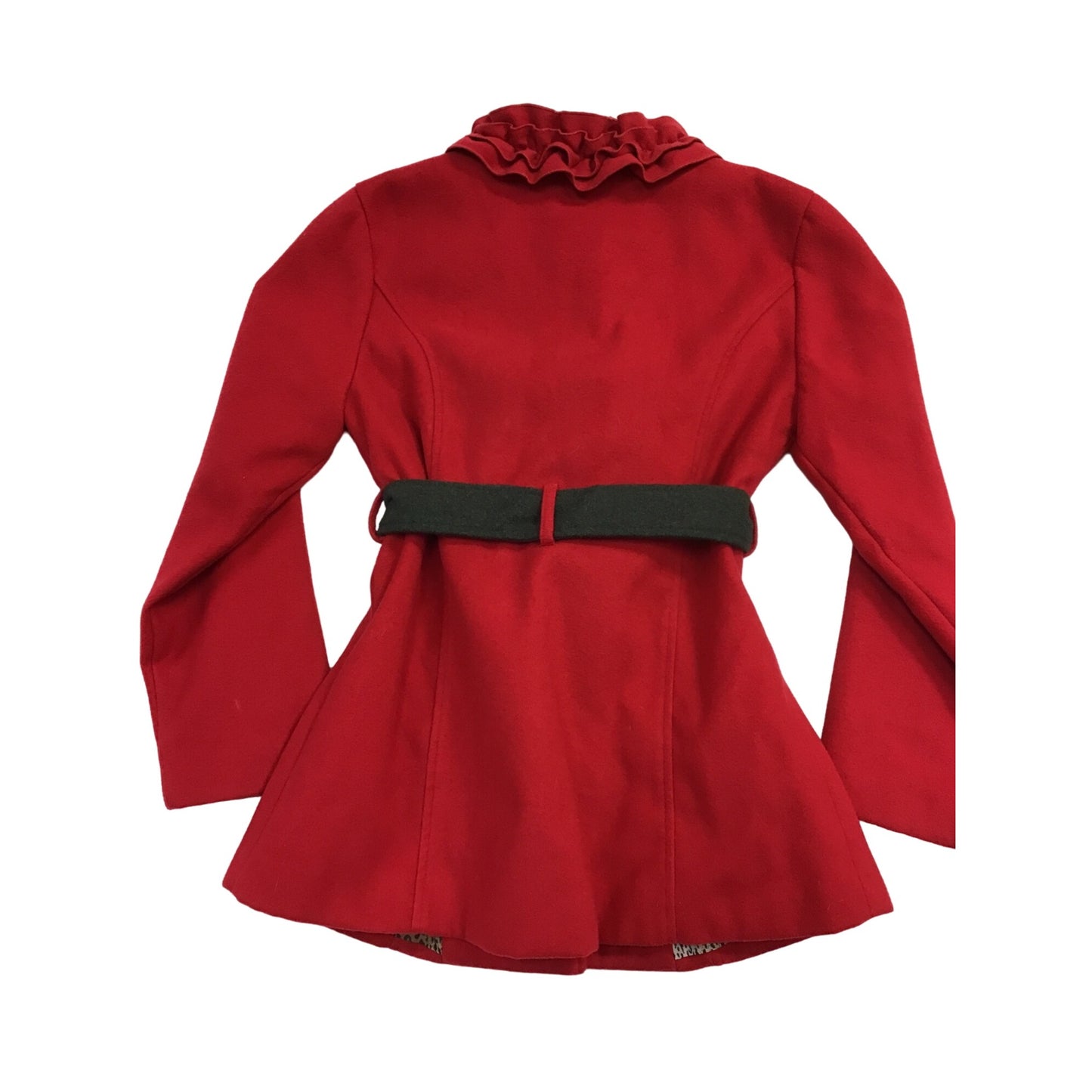 Red Ruffle Collar Belted Coat With Leopard Print Lining Womens L By Amy Byer #198