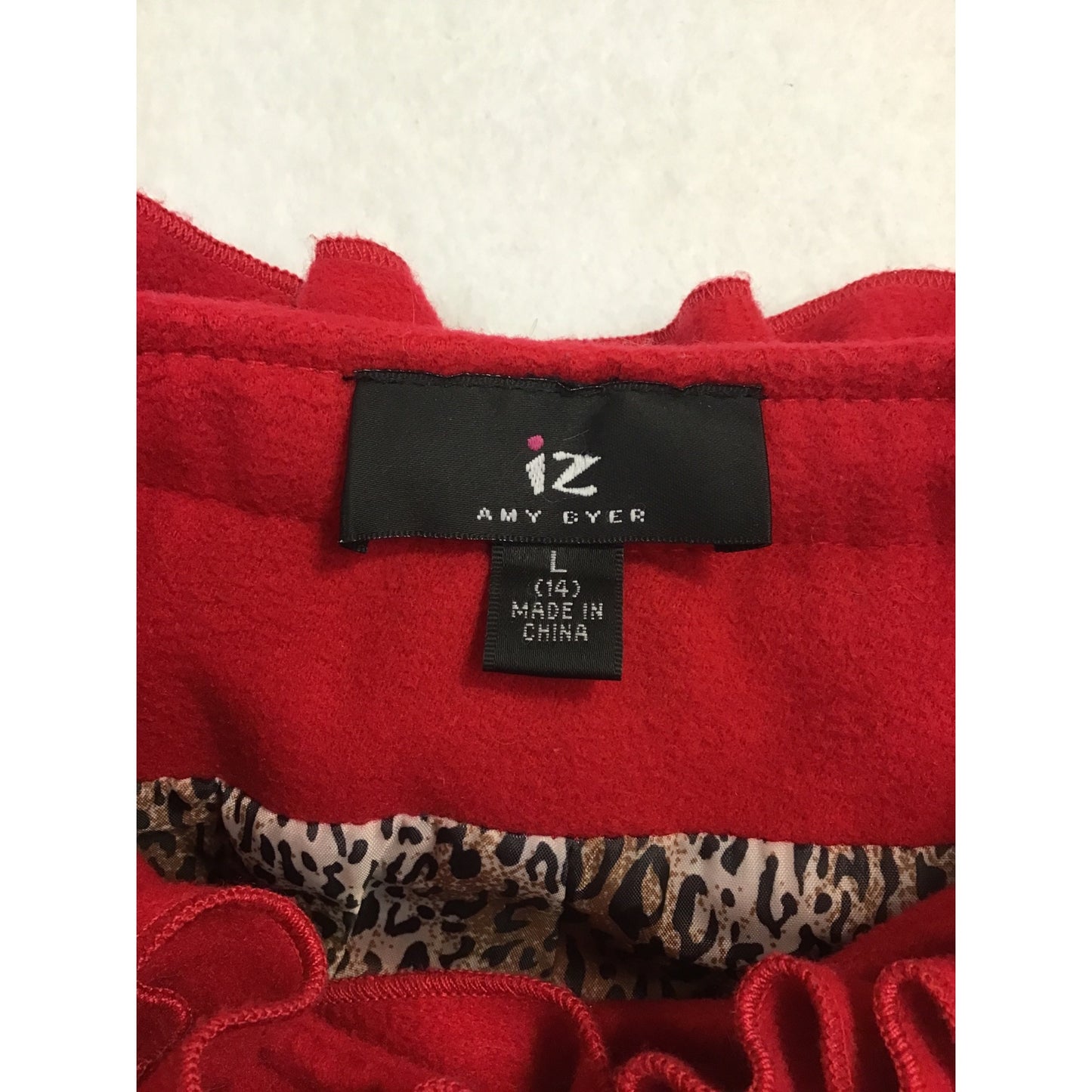 Red Ruffle Collar Belted Coat With Leopard Print Lining Womens L By Amy Byer #198