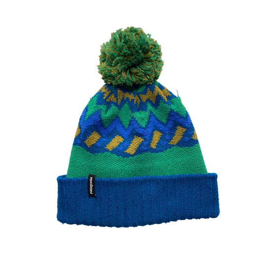 Patagonia Youth Pom Beanie With Chevron Pattern In Green & Blue #7277