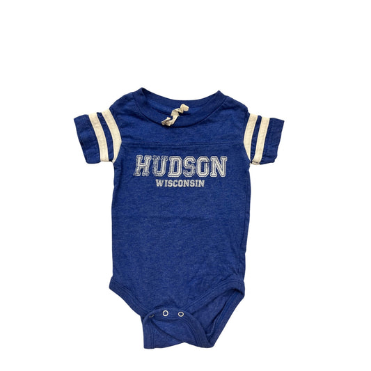 Hudson Wisconsin Blue Baby bodysuit  6M With Striped Sleeves and Snap Closure #6550