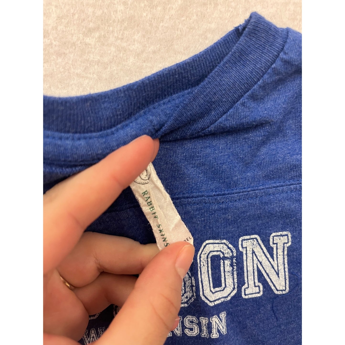 Hudson Wisconsin Blue Baby bodysuit  6M With Striped Sleeves and Snap Closure #6550