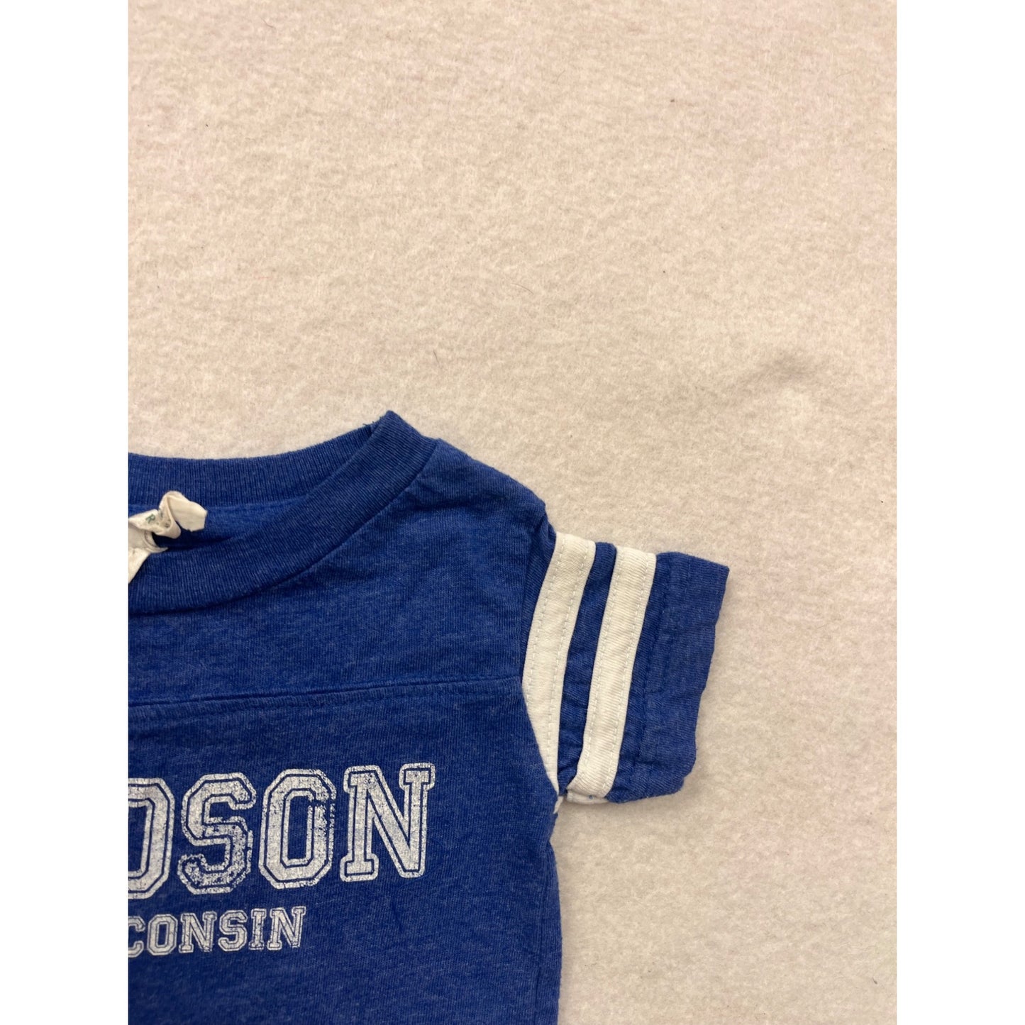 Hudson Wisconsin Blue Baby bodysuit  6M With Striped Sleeves and Snap Closure #6550
