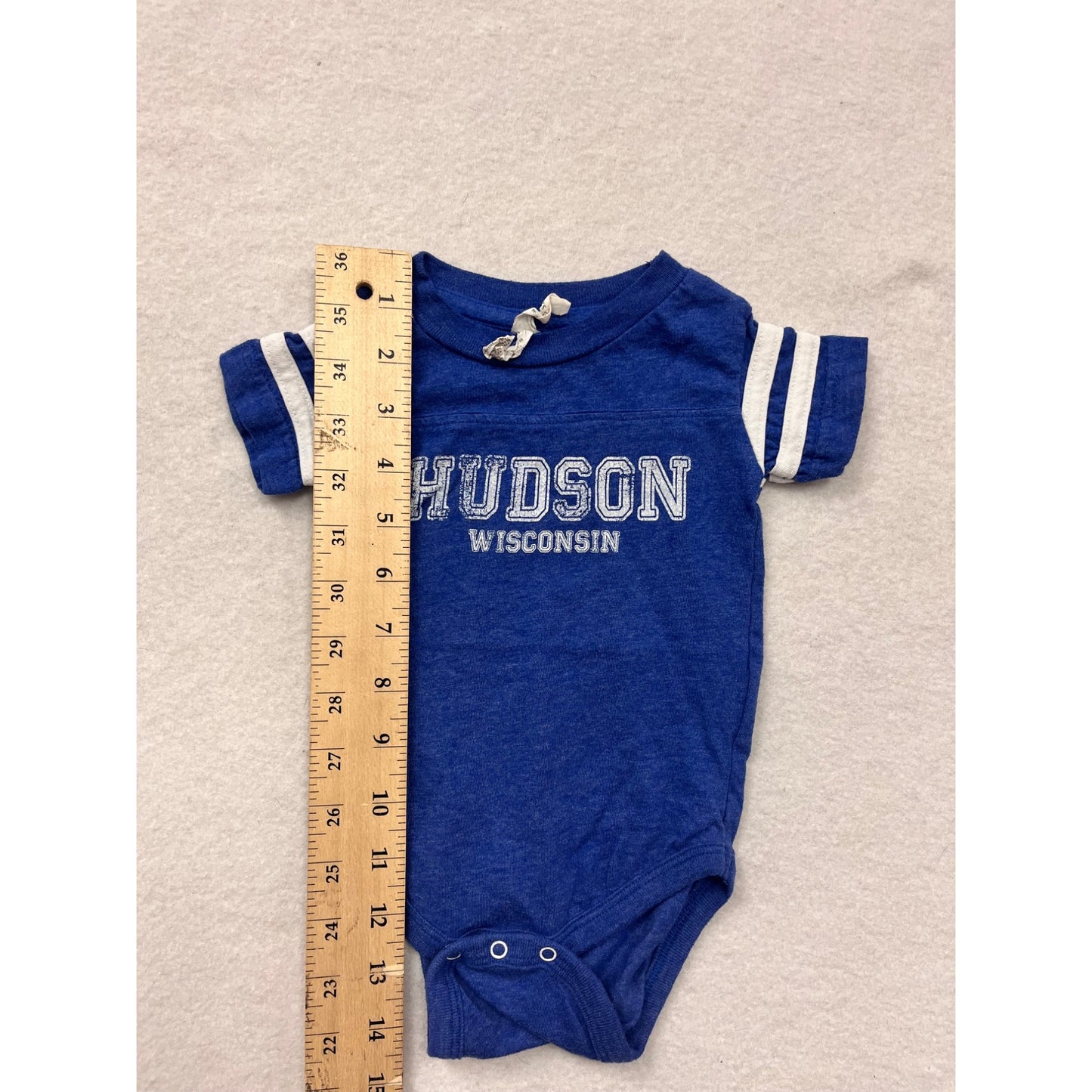 Hudson Wisconsin Blue Baby bodysuit  6M With Striped Sleeves and Snap Closure #6550